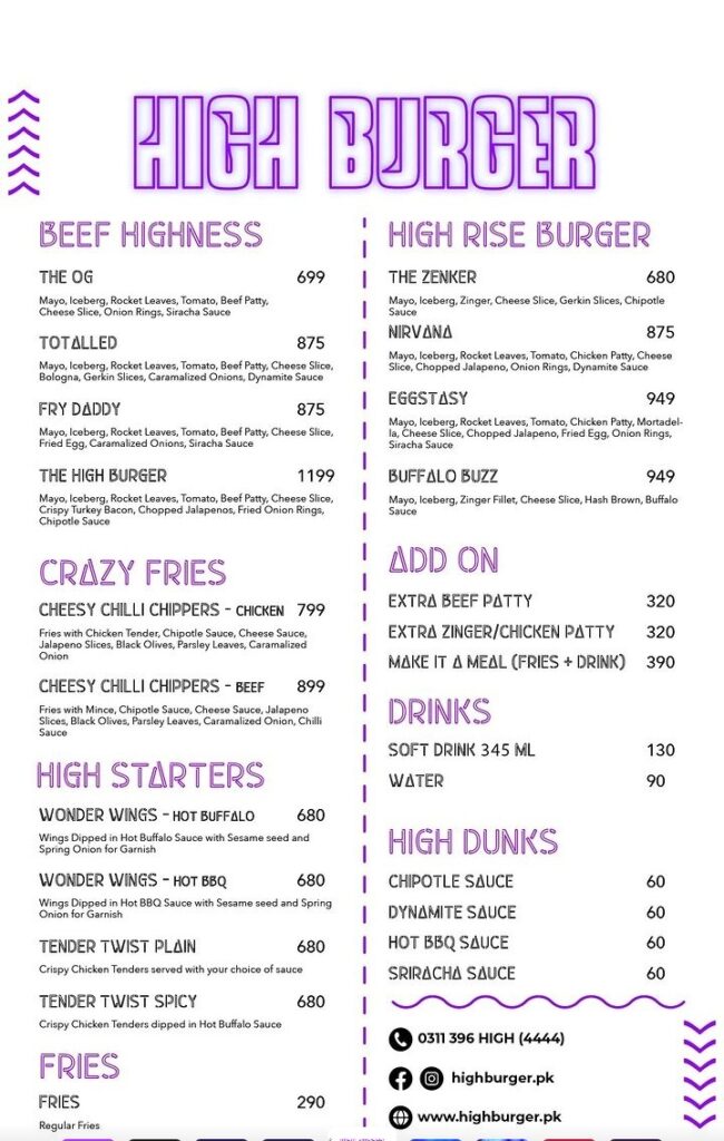 High Burger Menu - Johar Town | Contact Number | Reviews
