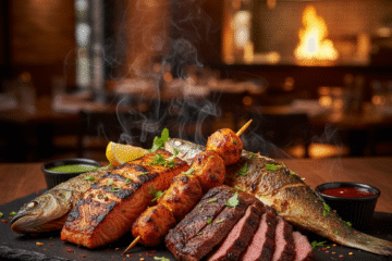 A vibrant platter of mixed flame grill fish and meat, showcasing signature dishes from the Flame Game Restaurant menu at the Gujranwala location.